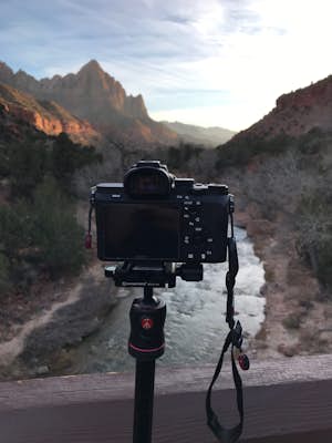 Photograph Sunset on The Watchman from Canyon Junction Bridge