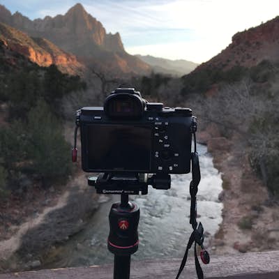 Photograph Sunset on The Watchman from Canyon Junction Bridge