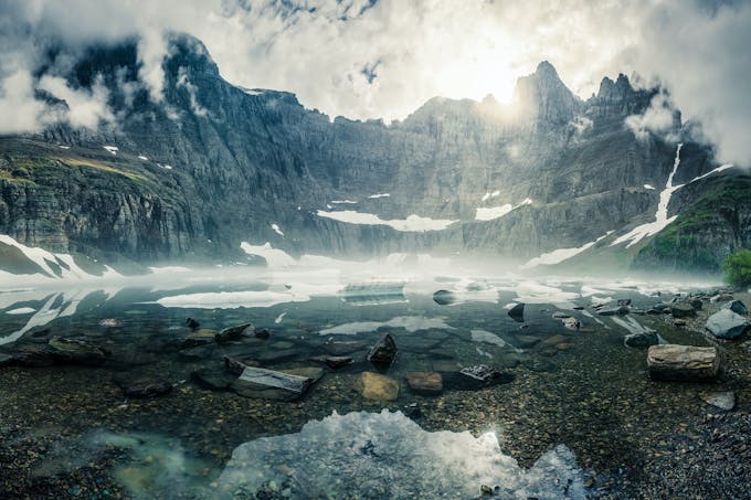 A lake with ice chunks