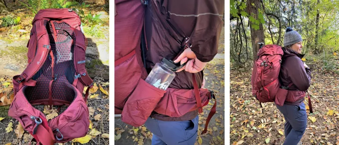 Three images of a large maroon backpack. One shows the back with the hip belt, two shoes a person wearing the hipbelt from the side and showcasing the water bottle holder, the third shows the person wearing the pack from the side.