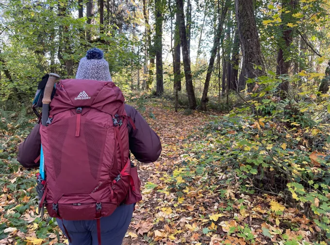 A person wearing a large maroon backpack while walking away from the camera on a leaf-strewn, wooded trail.