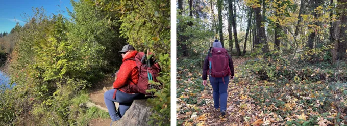 Two images. The left shows a person sitting on a cliff. The right shows a person wearing a large maroon backpack walking down a wooded trail away from the camera.