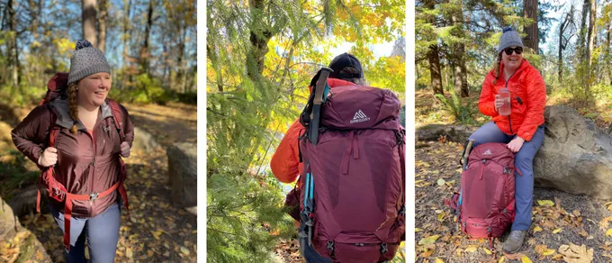 Three images of a person wearing a large maroon backpack in the woods.