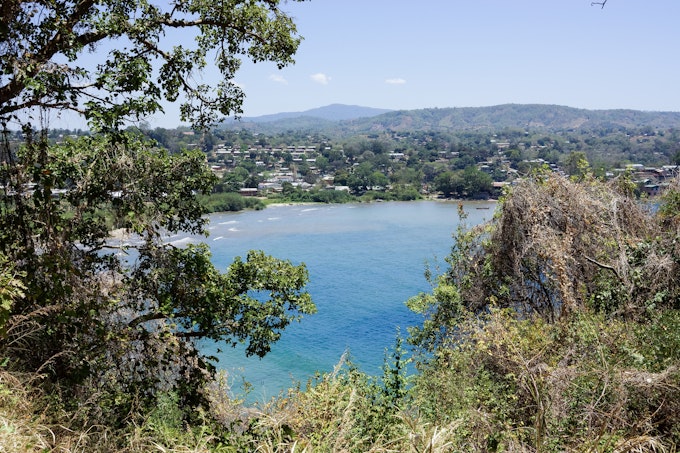 Turquoise lake framed by green tress and a town in the background.