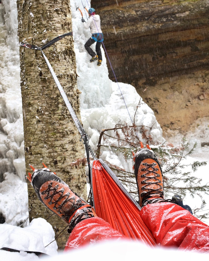 Hammock hanging at Michigan Ice Climbing Festival in Munising, Michigan.