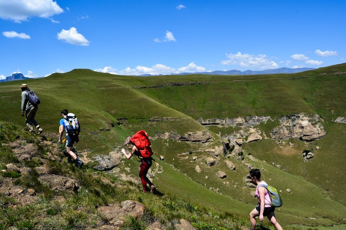 Four people with large backpacks hiking up large green mountains in the background.