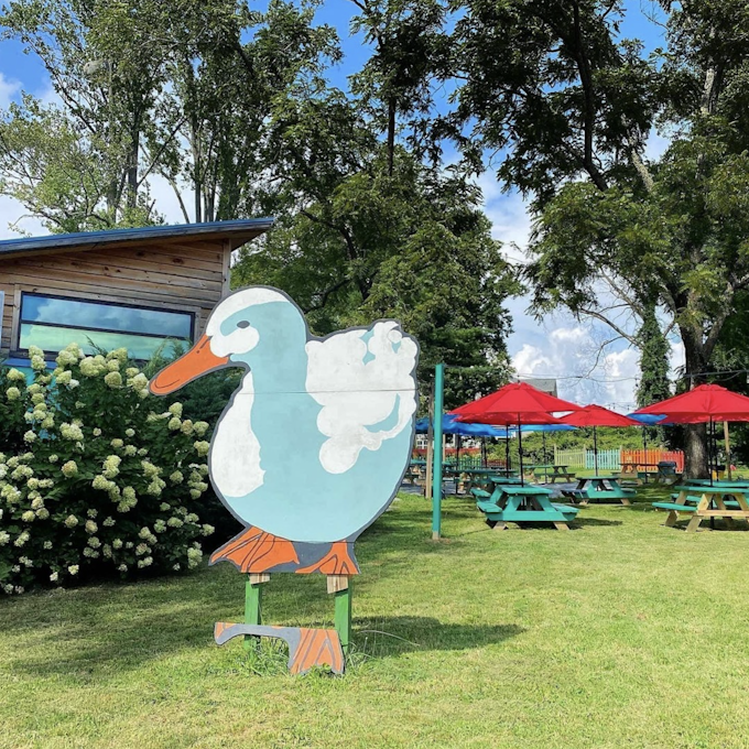 A wood cutout of a white duck is propped up in front of a grassy area with colorful picnic tables and umbrellas.