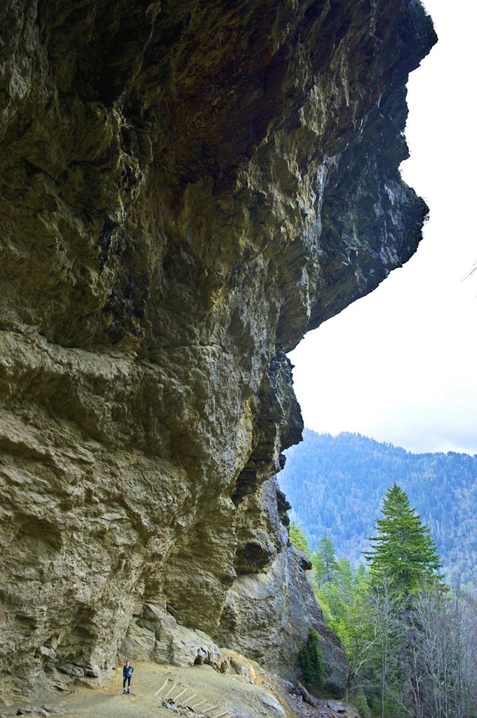 A rocky wall fills this image and a tiny person is standing near the bottom.