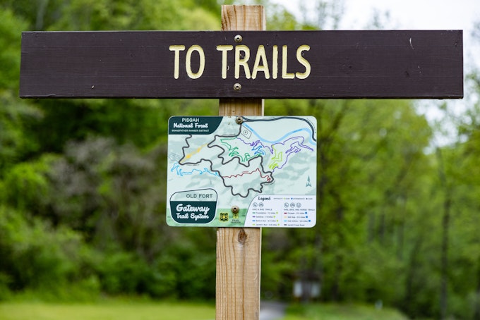 A wooden sign post hosts a trail map among a green forest.