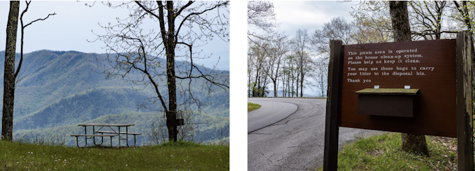 The left image features a picnic table on grass near green-covered mountains. The right image is a road curving away from a sign.