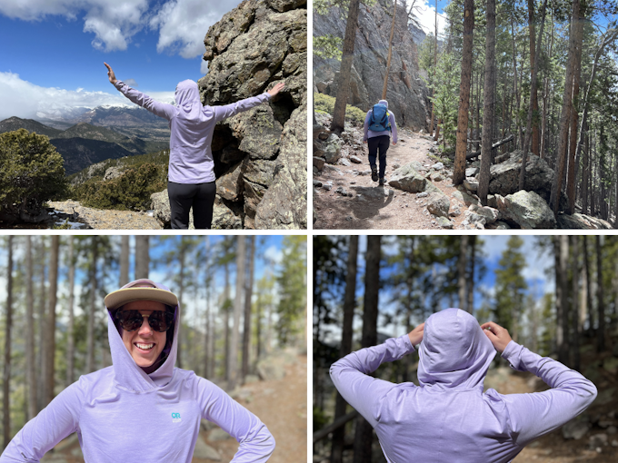 Four images of a person in a lavendar hoodie walking on a rocky trail on a mountainside.