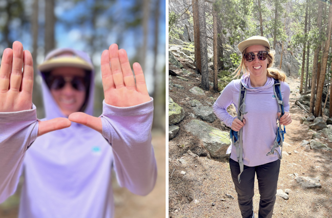 Two images of a person in a laveder hoodie smiling at the camera on a rocky mountain trail.