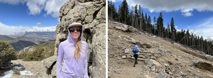 Two images: The left is a person in a lavender hoodie standing on a mountain. The right is a person standing on a rocky mountainside.