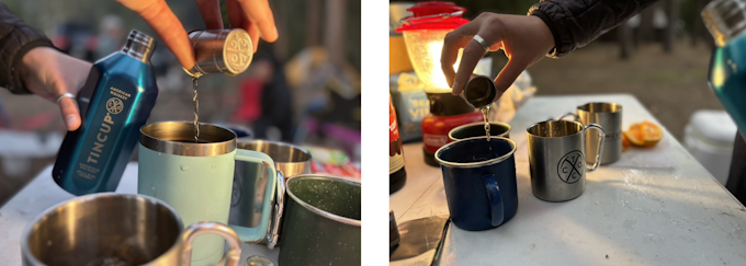 The left image features someone pouring liquid from a metal shot glass into a metal tumblr on a table. The right image features a hand pouting liquid into a different cup on a camp picnic table.