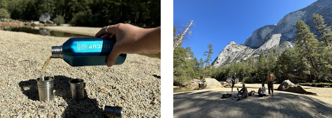 The left image features a hand pouring liquid out of a metal bottle into a small shotglass-size cup on a rock.
