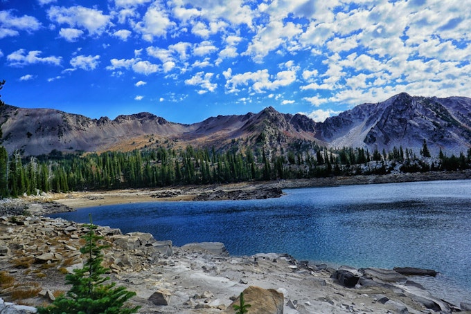 A lake is surrounded by a rocky shore, bright green pines, and several mountains
